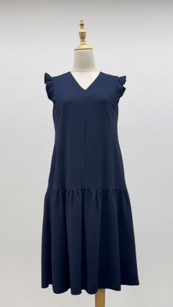 画像1: フリル袖、Vネックワンピース《サンプル品》《紺》[Toilette（トワレ）]
